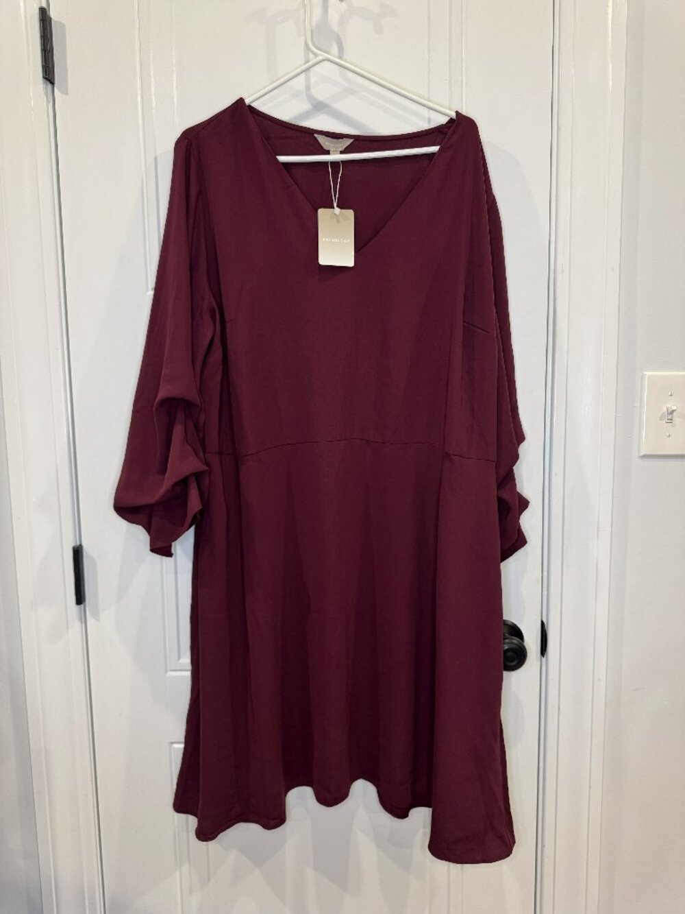 NWT Anthology Burgundy Wine V-Neck Tiered Bell Sleeve Dress Size 20